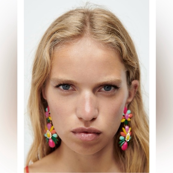 New Zara Multi Colored Jewel Dangle Pink Purple Earrings 1856/229 - Picture 2 of 7